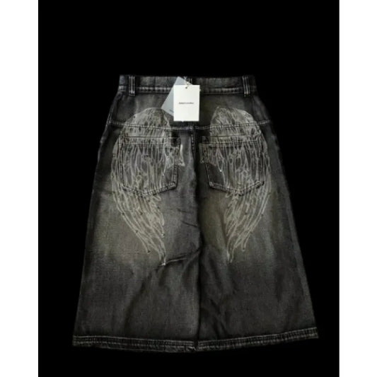 Cowboy shorts with rivet design and street wing pattern fashionable high waisted wide leg pants for Y2K knee length pants