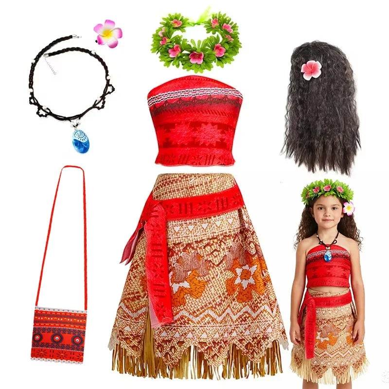 Girls Moana Princess Dress for Kids Carnival Cosplay Vaiana Costume Children Birthday Party Headwear Necklace Flower Clothes Set