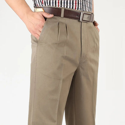Double Pleated Casual Pants Men High Waist Straight Loose Classic Basic Trousers Male Autumn 100% Cotton Black Big Size 42 44 46