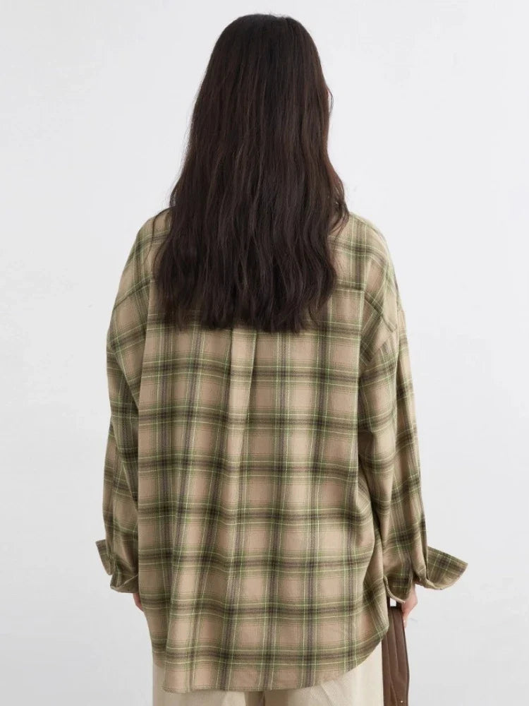 Women Shirts Loose Casual New Sanding Plaid Shirt Long Sleeve Medium Long Length Blouses Female Tops Spring Autumn 2025
