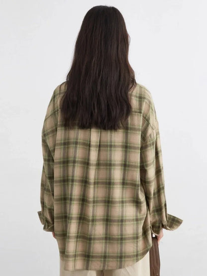 Women Shirts Loose Casual New Sanding Plaid Shirt Long Sleeve Medium Long Length Blouses Female Tops Spring Autumn 2025