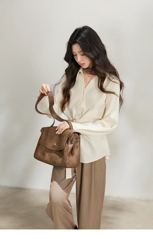 Women's Lapel Collar Long Sleeve Shirt 2026 Spring with Belted Waist Casual Loose Soft Beige Shirt Office Lady MXF13C2452