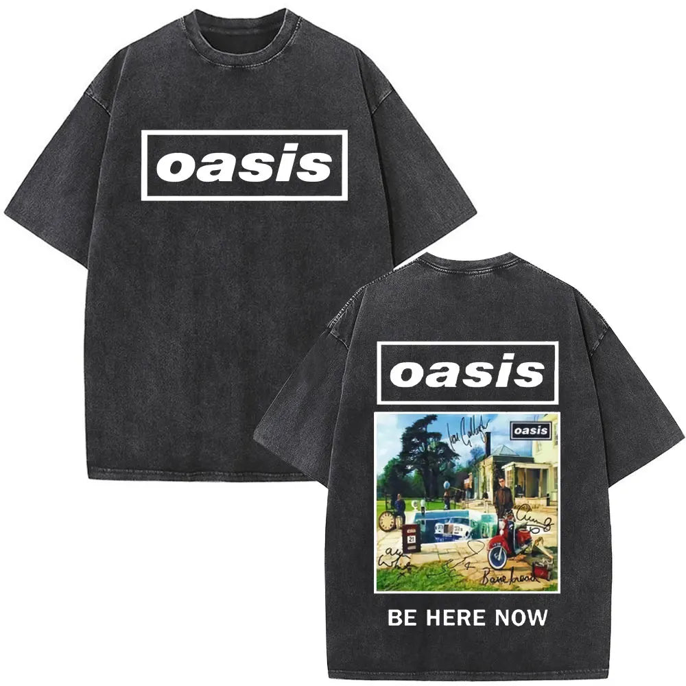 O-Oasis T-Shirts British Rock Band Vintage Washed T-shirt Men Women Clothing Cotton Casual Short Sleeve T Shirts Tops Streetwear