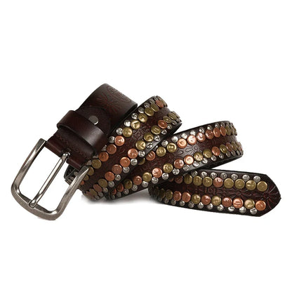 3.8CM  Hip Hop Punk Style Men Belt Round Rivet Real Genuine Cowskin Leather Strap Male Cowboy Studded Belts Rock Waistband
