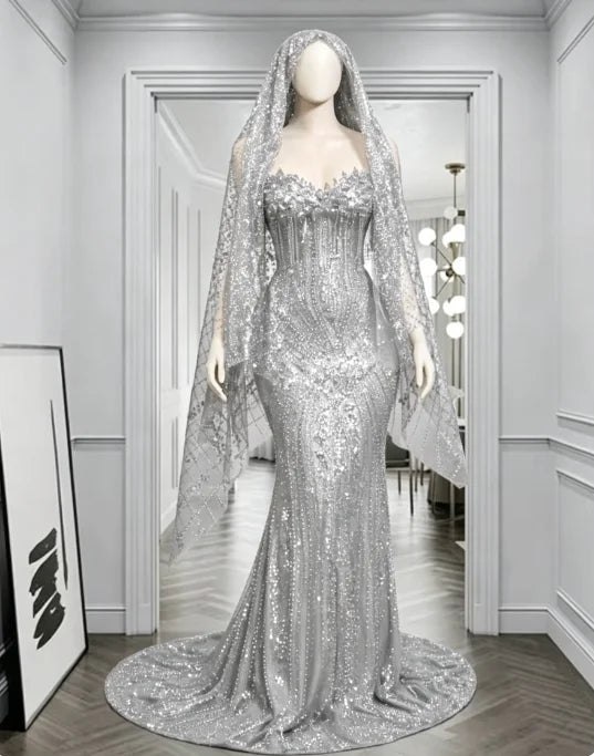 Red Rhinestone Matching Cape Veil Women Mermaid Prom Dress Formal Wedding Eveing Party Gown Customized