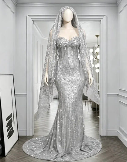 Red Rhinestone Matching Cape Veil Women Mermaid Prom Dress Formal Wedding Eveing Party Gown Customized