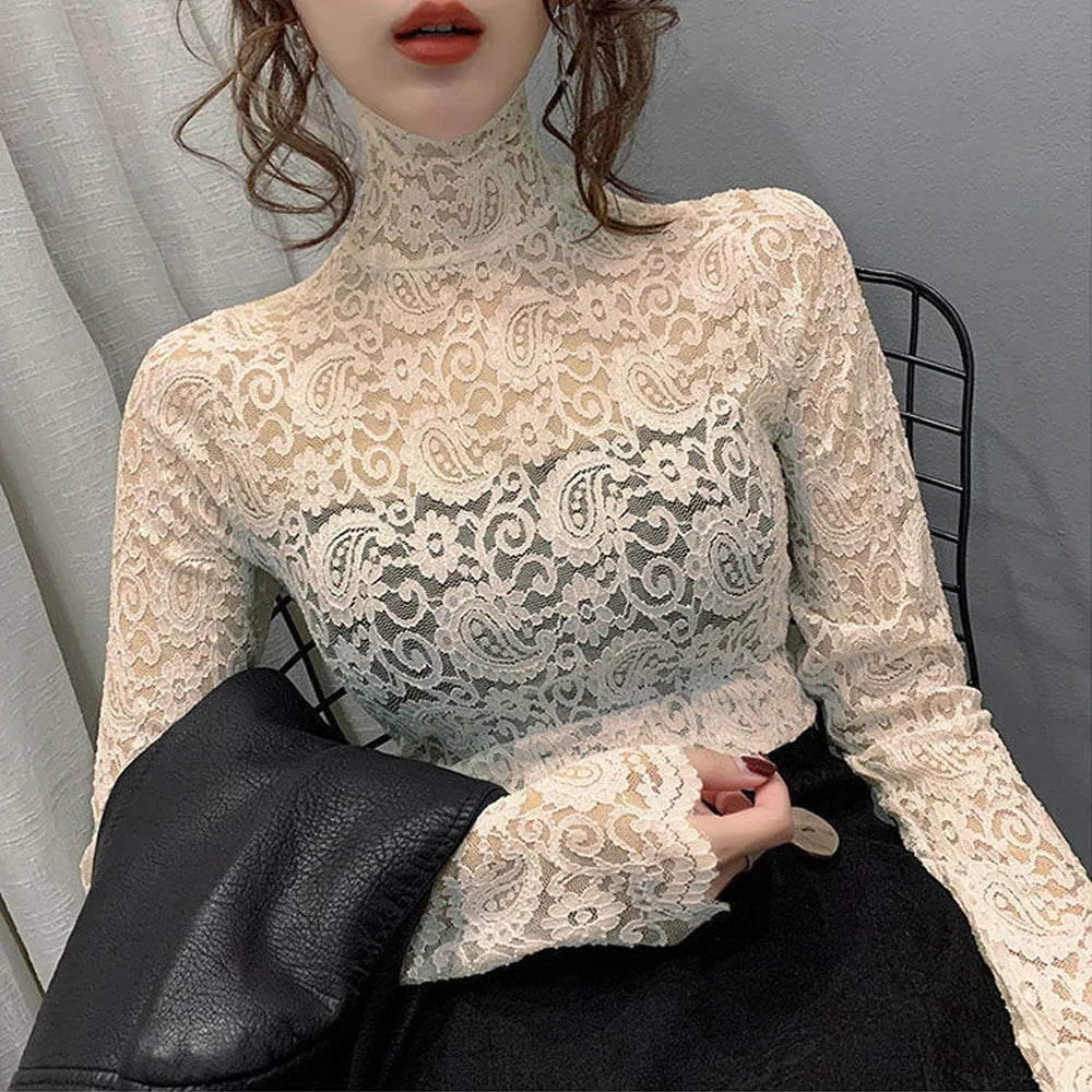 Blouse Women Transparent Lace T Shirt Stretch Turtleneck Petal Sleeve Girl Blusas Mujer De Moda Black White Apricot Shirt Tops