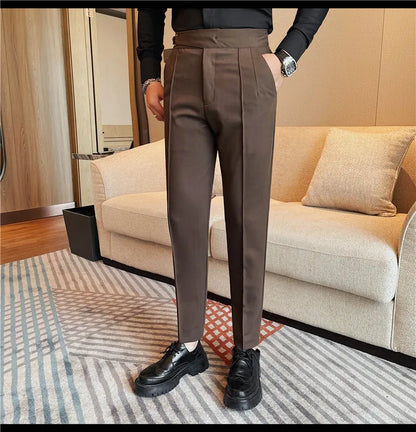 High Quality Men's Suit Pant Solid Color England Style Slim Fit Casual High Waist Trousers Men Spring Autumn Fashion Suit Pants