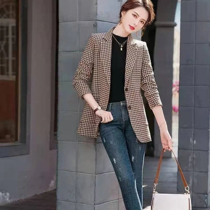Women's Houndstooth Pattern Blazer Long Sleeve 2025 New Spring Autumn Korean Style Elegant Casual Elegance Daily Wear