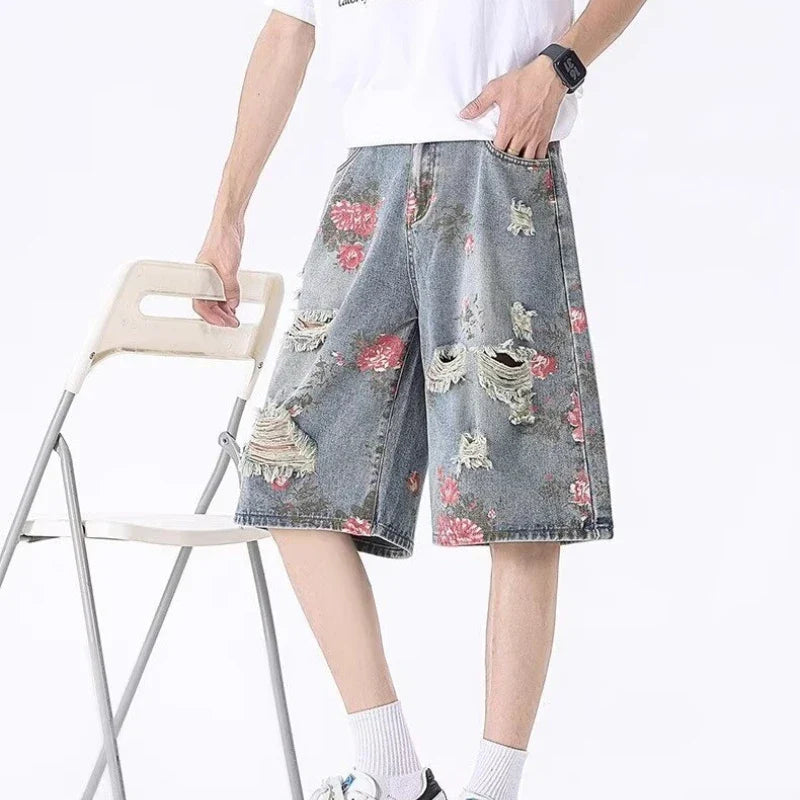 2025 Mens Rose Print Distressed Denim Shorts Summer Baggy Ripped Jeans Five Inch Cargo Shorts Y2K Streetwear Vintage Hip Hop