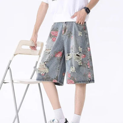 2025 Mens Rose Print Distressed Denim Shorts Summer Baggy Ripped Jeans Five Inch Cargo Shorts Y2K Streetwear Vintage Hip Hop