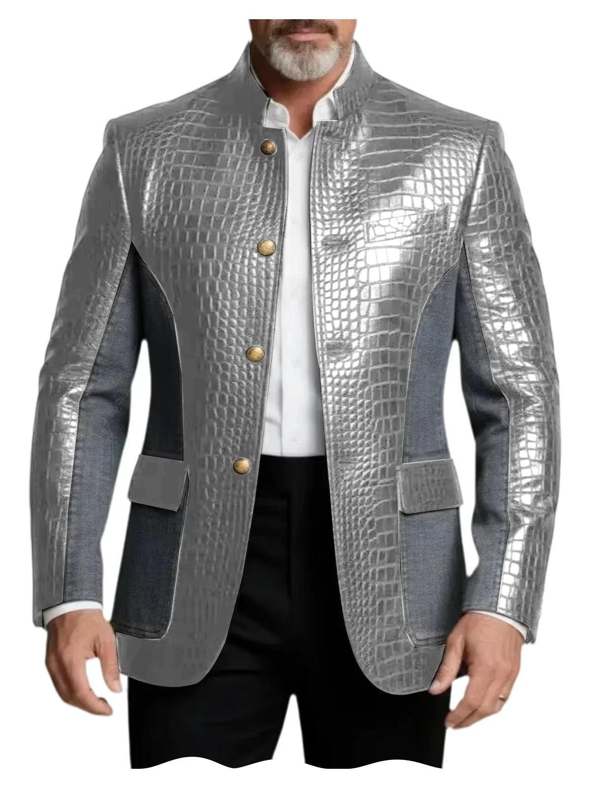 Men's Crocodile Embossed Leather Brown Jacket Patchwork Denim Stand Collar Slim Fit Luxury PU Blazer For Business Casual Party