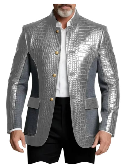 Men's Crocodile Embossed Leather Brown Jacket Patchwork Denim Stand Collar Slim Fit Luxury PU Blazer For Business Casual Party