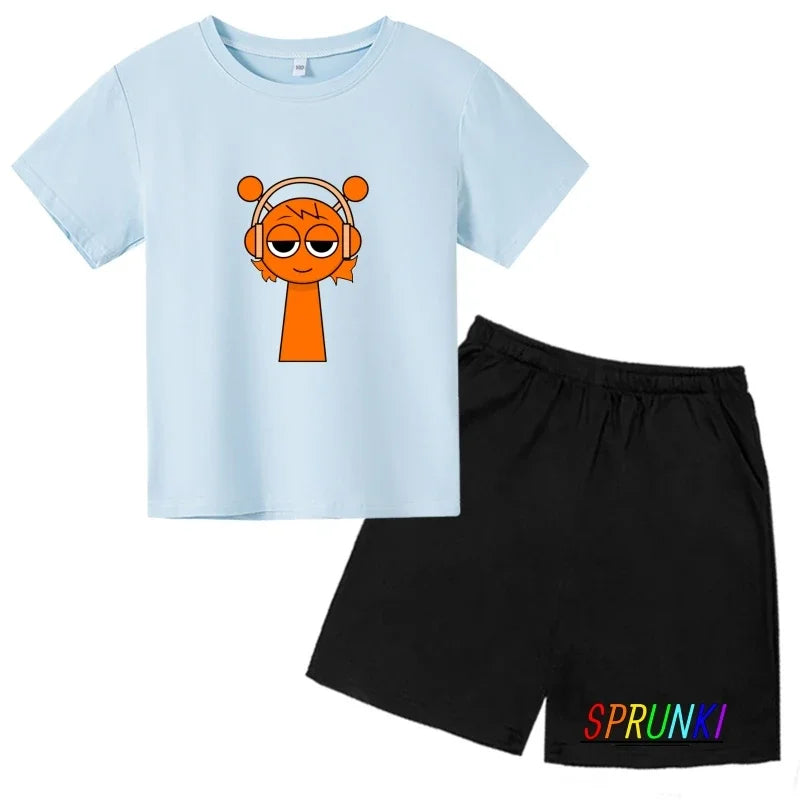 2026 Sprunki Kids T-Shirt + Shorts Set, Boys Girls Cartoon Game Printed Cotton Short Sleeve 2Pcs Summer Casual Outfit