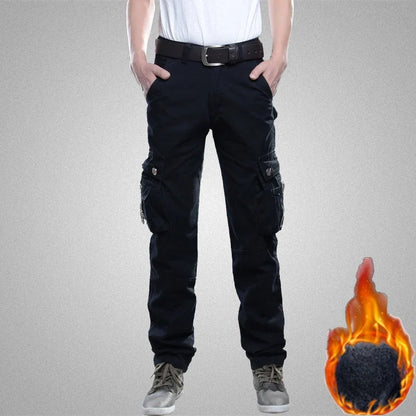 Winter Cargo Pant Men Straight Leg Fit Brushed Trouser Male Cotton Fleece Lined Warm Pocket Work Black Elegant Military Tactical