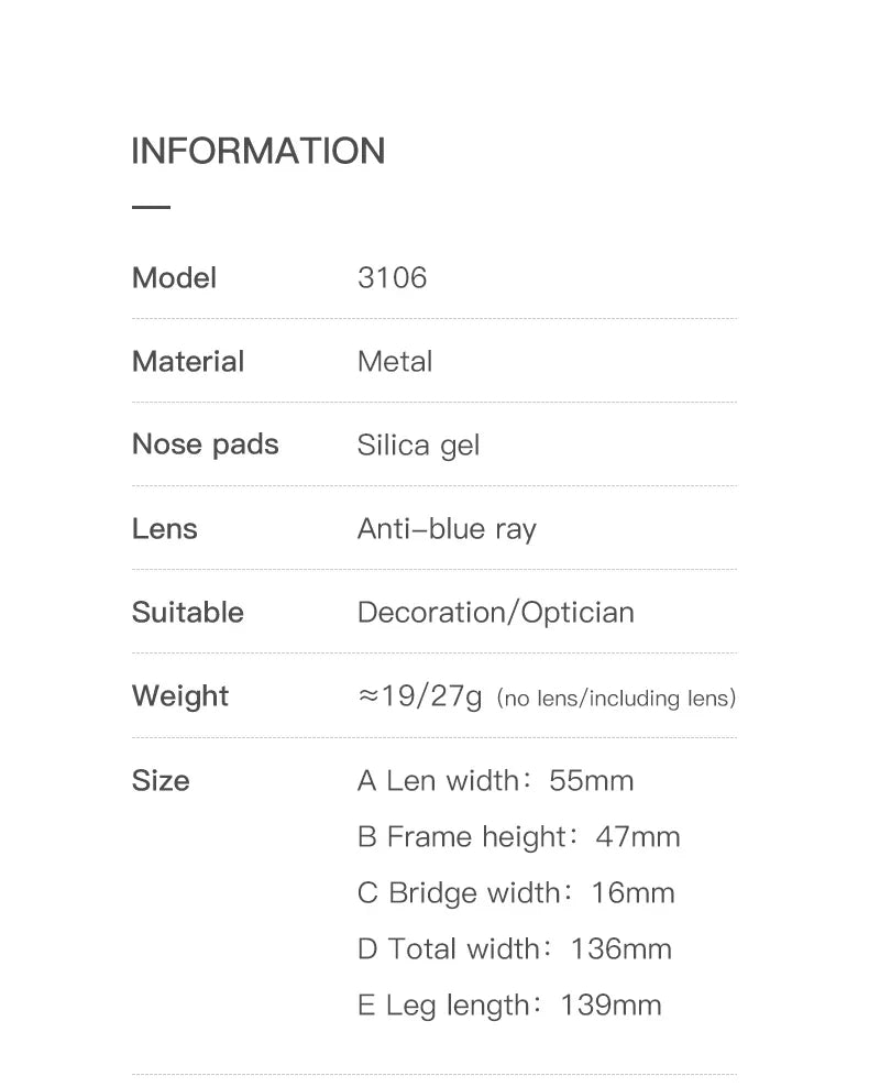 Fashion optical Frame Brand Design Women Eyeglasses Can Customized Prescription Anti-blue Light Prescription Glasses 3106