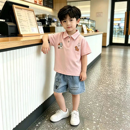 New Toddler Summer Baby Boys Clothes Suits Children Cartoon Polo T-Shirt + Denim Shorts 2Pcs/Set Infant Kids Fashion Tracksuits