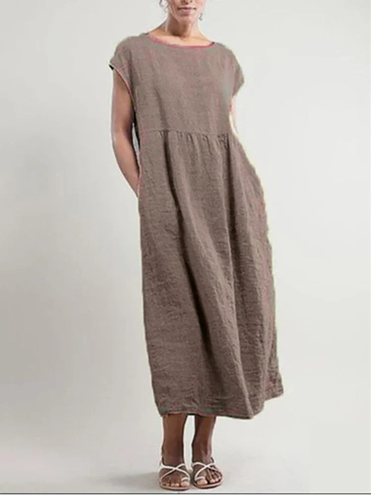 Women Elegant Solid Maxi Dress Summer Short Sleeve O Neck Vintage Harajuku Cotton Linen Loose Sundress Y2K Pockets Long Dress