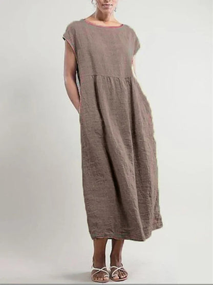 Women Elegant Solid Maxi Dress Summer Short Sleeve O Neck Vintage Harajuku Cotton Linen Loose Sundress Y2K Pockets Long Dress