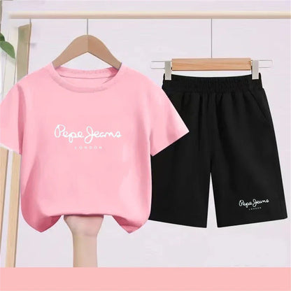 Summer T-shirt Children Short Sleeve Age 3-12 Girls Boy Set White Tshirt+Shorts 2pcs Youngster Cool Refreshing Kids Print Set