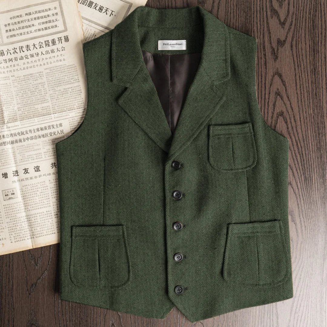 Men Vest Brown Herringbone Single Button With Lapel And Pocket Waistcoat For Wedding Banquet Business Casual Work Men Suit Vest