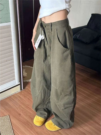 Baggye Jeans for Women Army Green High Waist Loose Vintage Y2k  Long Denim Pants Female Fashion Streetwear Washed Jeans