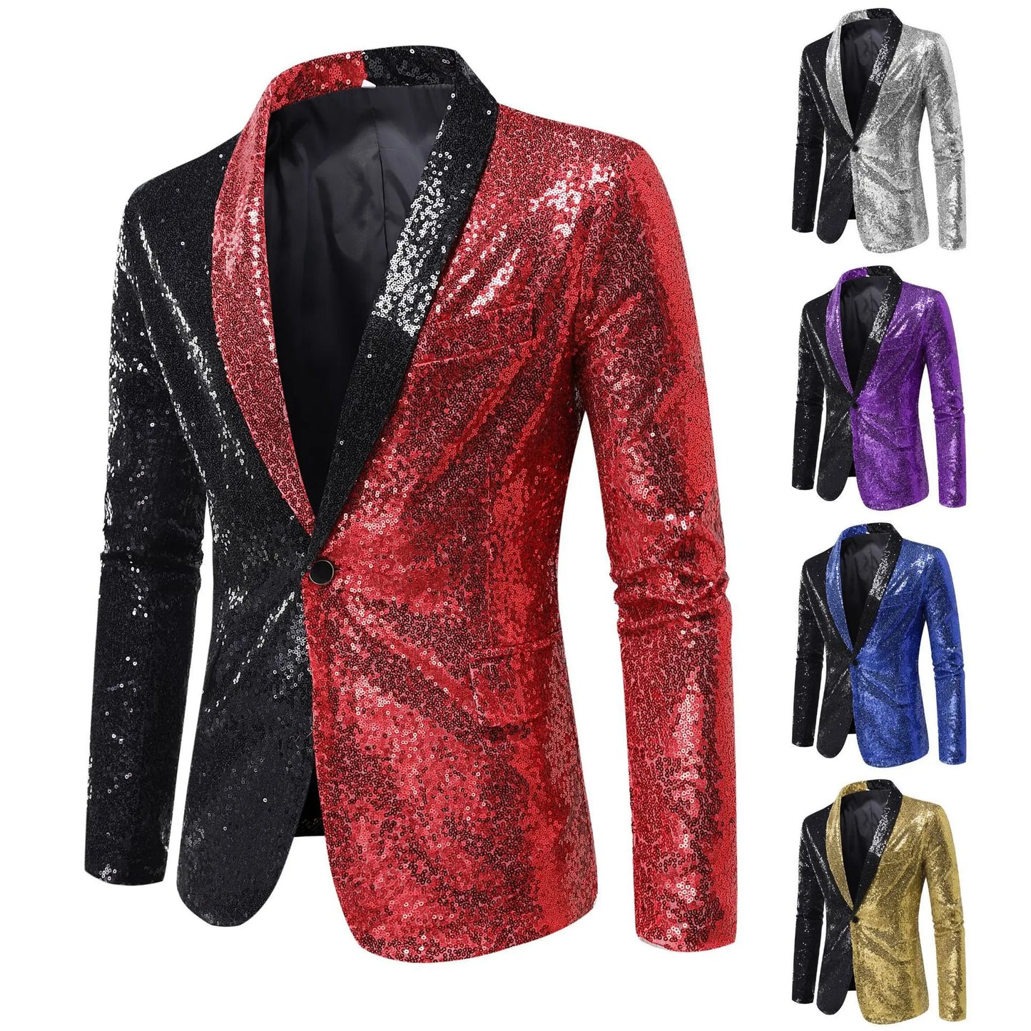 2026 Men's Suit Jacket, Shiny Sequin Stage Performance Coat, White Silver Blue Red Purple Blazers V-neck Single Button S-XXL