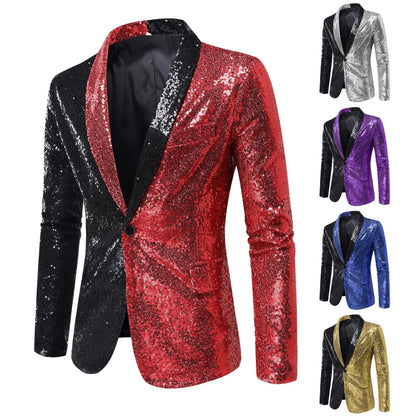 2026 Men's Suit Jacket, Shiny Sequin Stage Performance Coat, White Silver Blue Red Purple Blazers V-neck Single Button S-XXL