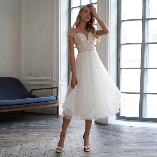 Scoop Short Sleeves Tea Length Wedding Reception Dresses Customized Little White Gown Glitter A-line Beaded  Party Wear