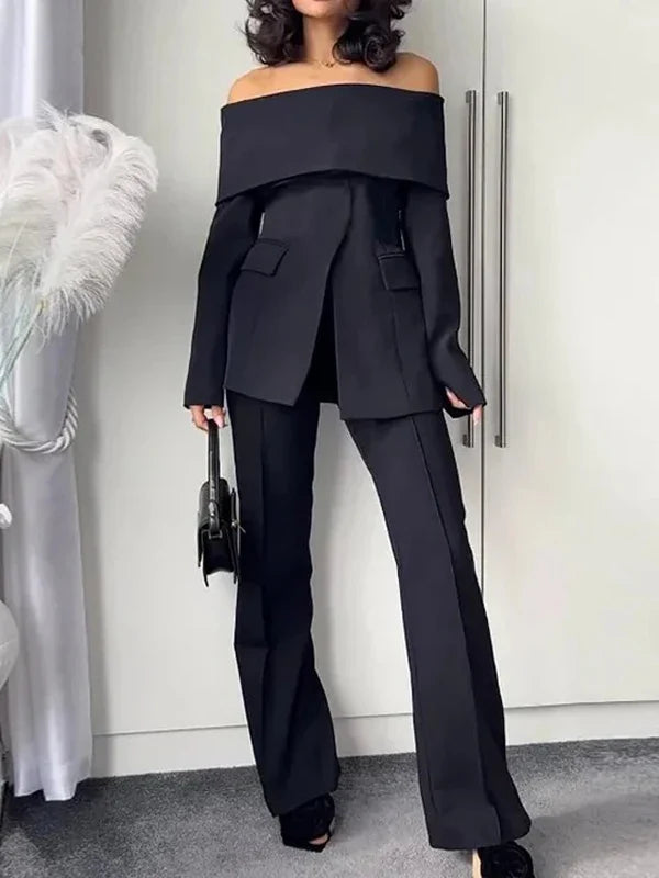 Yeezzi 2025 New Office Lady Commute Off-The-Shoulder Blazer Women Long Sleeves Solid Color Split-Front Zipper Formal Outerwears