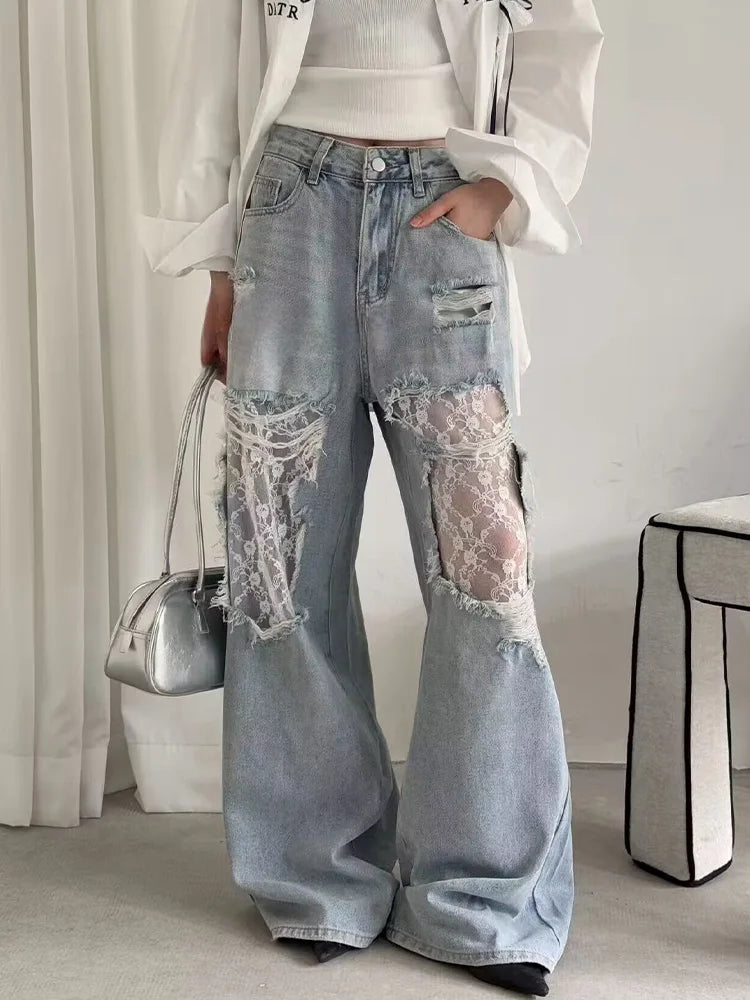 2026 Women's Y2K American Style High Waist Lace Spliced Denim Pants Loose Wide Leg Trousers Fashion Hottie Hole Patchwork Jeans