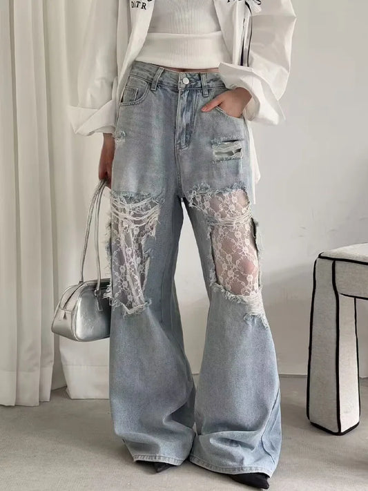 2026 Women's Y2K American Style High Waist Lace Spliced Denim Pants Loose Wide Leg Trousers Fashion Hottie Hole Patchwork Jeans