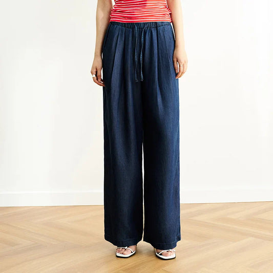 Elastic Waist Denim Pants Women Draped Fit 2025 Summer New Cooling Wide Leg Trousers