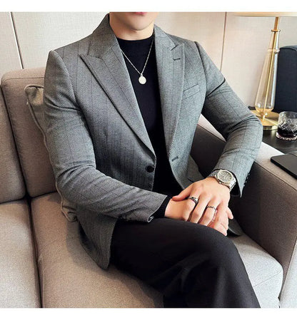 Men's Herringbone Stripe Suit Blazer Classic Lapel Dress Jacket Elegant Slim Fit Fashion Simple Casual Business Prom Suit Jacket