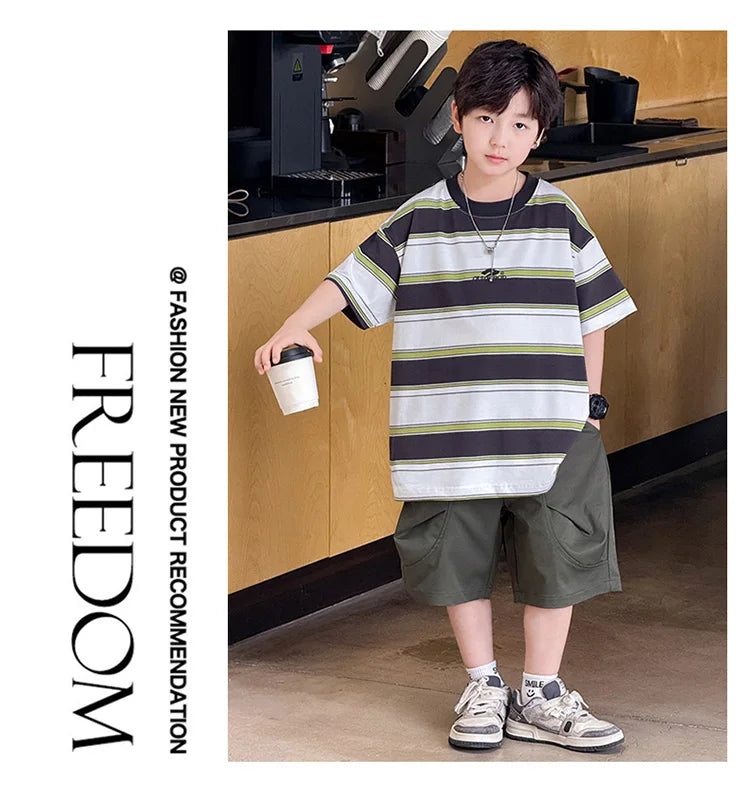 New Arrival Stylish Kids Summer Striped Suit for Teenage Boy Fashion Street Clothing Children Casual T-shirt Shorts 2PCS Set