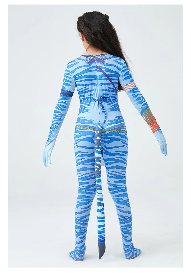 Girls Avatar 2 Neytiri Costume Tail Suit Boys Jake Sully Cosplay Zentai Bodysuit Jumpsuit Kids Halloween Birthday Party Costume