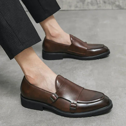 Men Fashion Formal Handmade Monk Shoes Derby  Dress Leather Gentleman Double Buckles Monk Shoes Pointed Wedding Shoes 2024