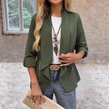 New Women's Long Sleeve Jacket Solid Color Fashionable Drawstring Short Lapel Jacket