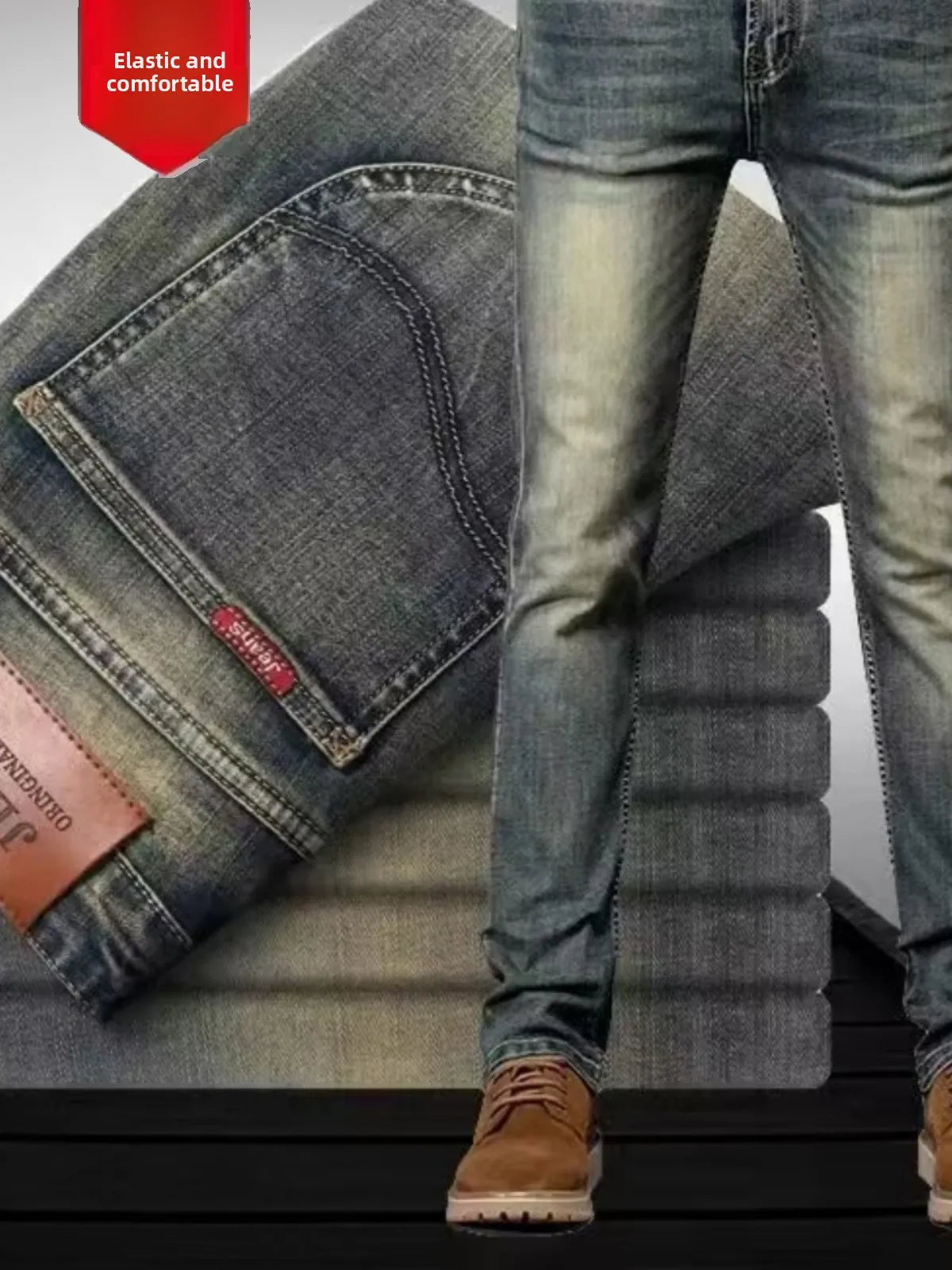 High-End Retro Men's Straight Leg Stretchy Jeans Fashionable Urban Casual Long Trousers Spring Autumn Cotton Stretch Denim