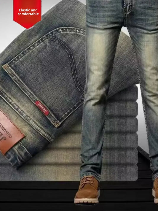 High-End Retro Men's Straight Leg Stretchy Jeans Fashionable Urban Casual Long Trousers Spring Autumn Cotton Stretch Denim