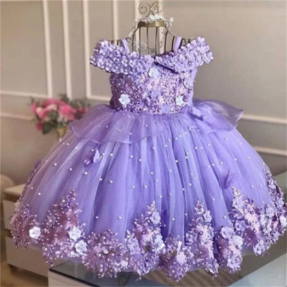 Baby Girl Birthday Dress Lace Pearls Infant Tutu Dress Princess Flower Girl Dress Cap Sleeve Long Party Gown
