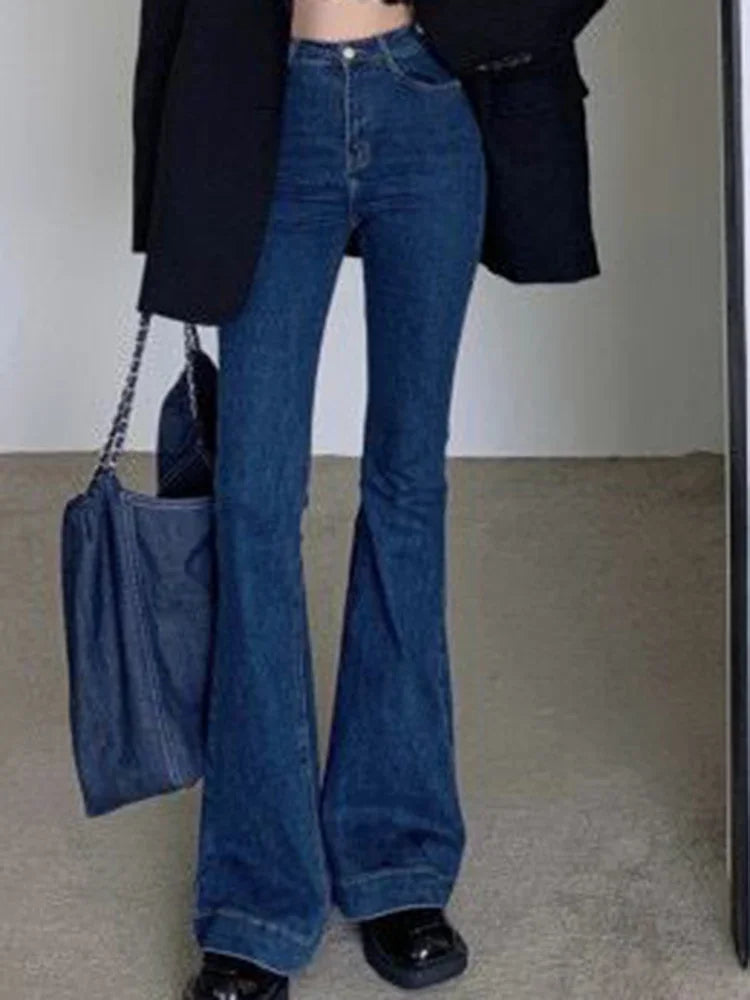Women Korean Flare Jeans Girls High Waist Elastic Boot Cut Pants Lady Vintage Blue Black Gray Brown Denim Bell Bottom Trousers