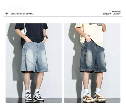 Summer New Baggy Denim Shorts Fashion Casual Straight Harajuku Jeans Male Vintage Wash Drawstring Short Pants Streetwear
