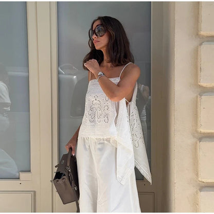 Thin Strap Square Neck Hollow Embroidery Women Cami Top Back Self Tie String Irregular Asymmetrical Lace Hem Loose Cropped Tank