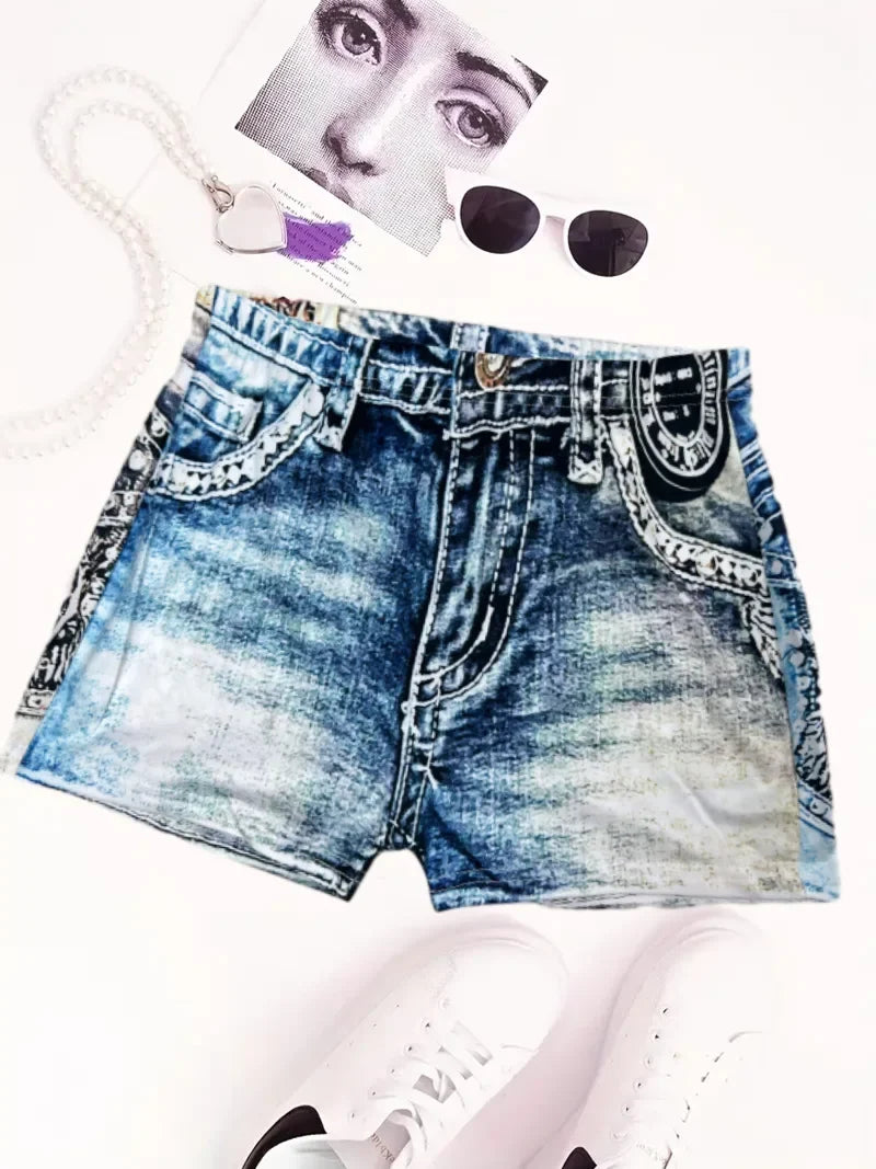 Women's Faux Denim Print High Stretch Slim Shorts, Versatile Yoga Shorts, Polyester Non-Denim Material