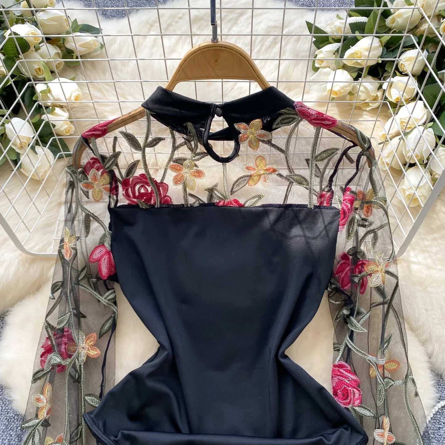 Vintage Embroidery Gauze Sexy Bodysuits Stand Collar Long Sleeve Playsuits Fashion Spliced Women Open crotch Rompers