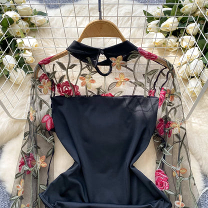 Vintage Embroidery Gauze Sexy Bodysuits Stand Collar Long Sleeve Playsuits Fashion Spliced Women Open crotch Rompers