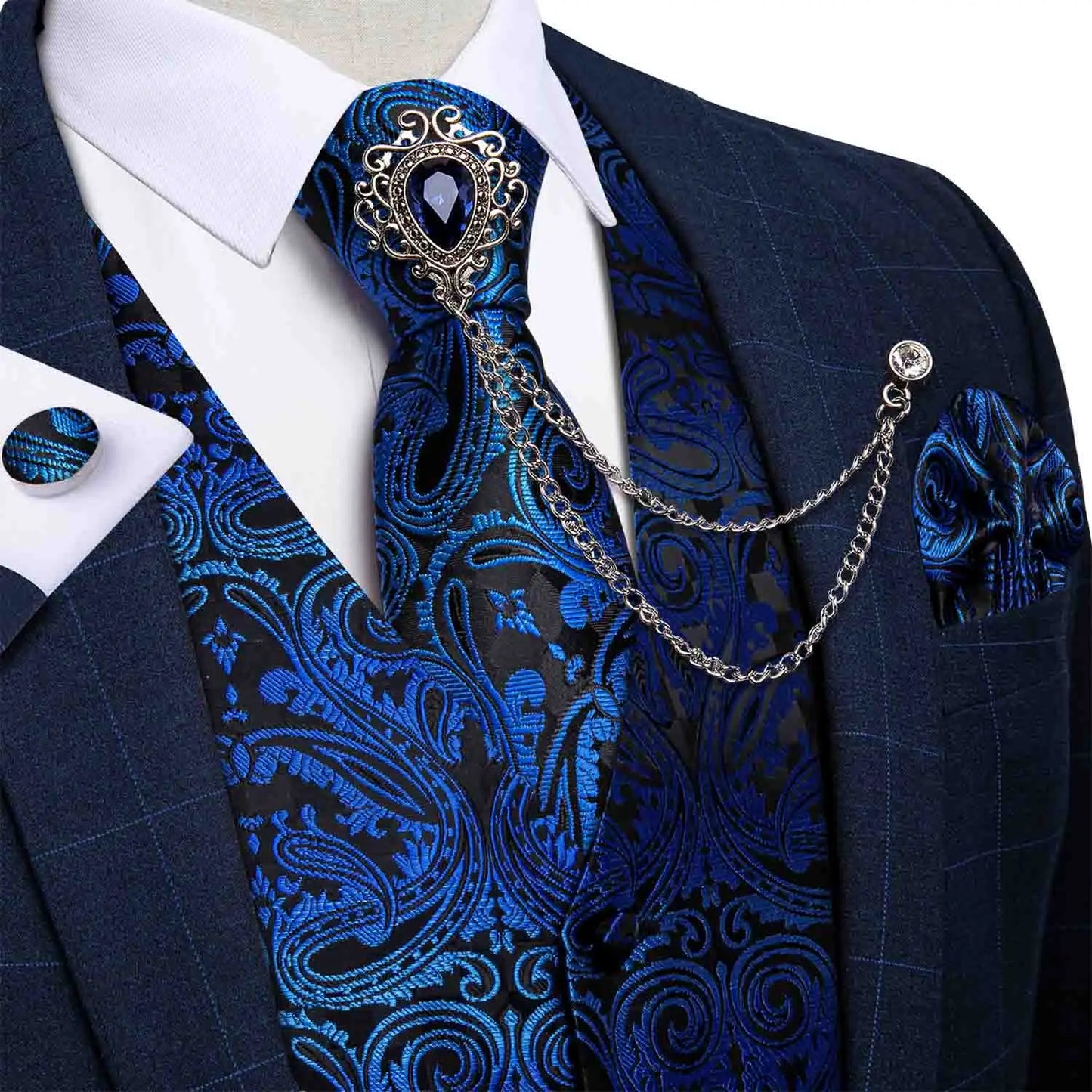 New Teal Green Paisley Formal Dress Vest Men's Suit Vest Waistcoat Tie Brooch Pocket Square Set for Tuxedo