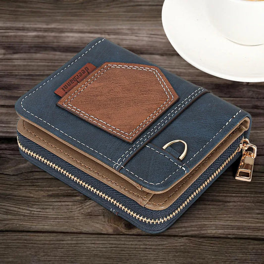 Nouveau Portefeuille Minimaliste Pliable Bifold avec Fermeture Éclair pour Hommes Américains et Européens, en Patchwork, Mince, pour Billets et Monnaie
