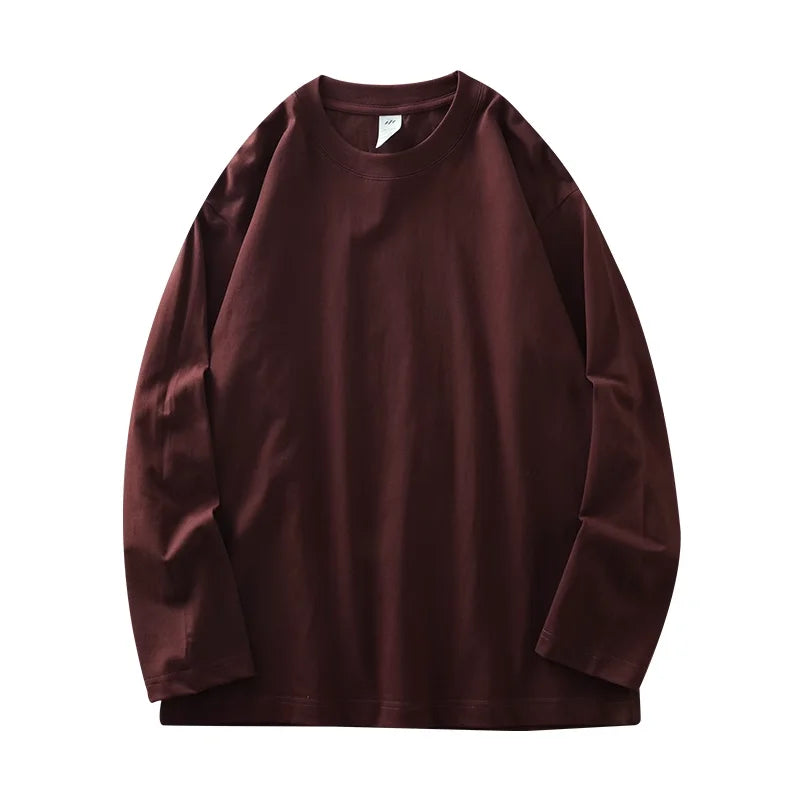 Men's 260G Long Sleeve T Shirts 2025 Spring Pure Cotton Solid Color Basic Crew-Neck Undershirt Men's Loose Tops 11 Color